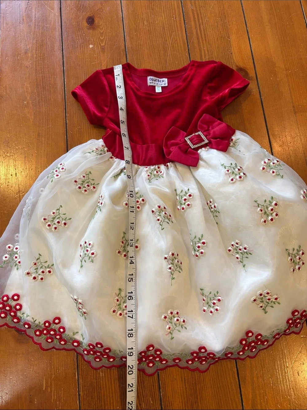 Blueberi Boulevard Girls' Red Velvet & Ivory Embroidered Holiday Dress Size 2T